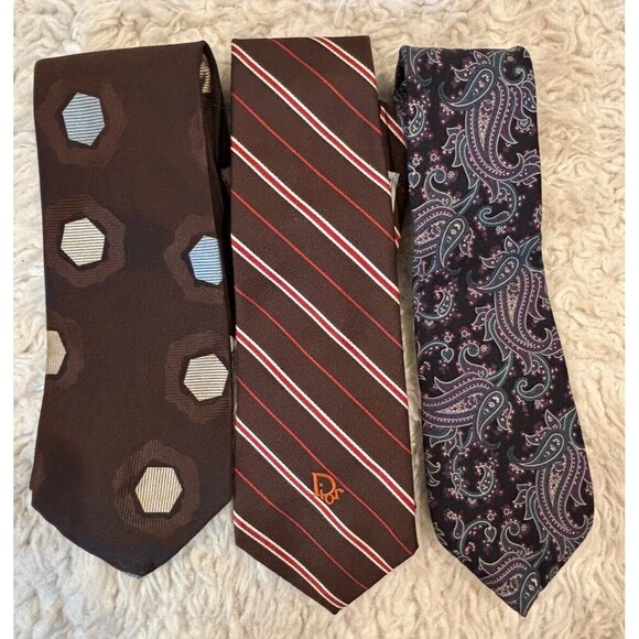 Christian Dior & Pauline Trigere Other - 3 Mens Silk Vintage Ties - Brown Pauline Trigere, Striped Dior & Paisley Dior